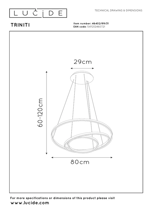 Lucide TRINITI - Lámpara colgante - Ø 80 cm - LED Regul. - 3000K - Blanco - técnico